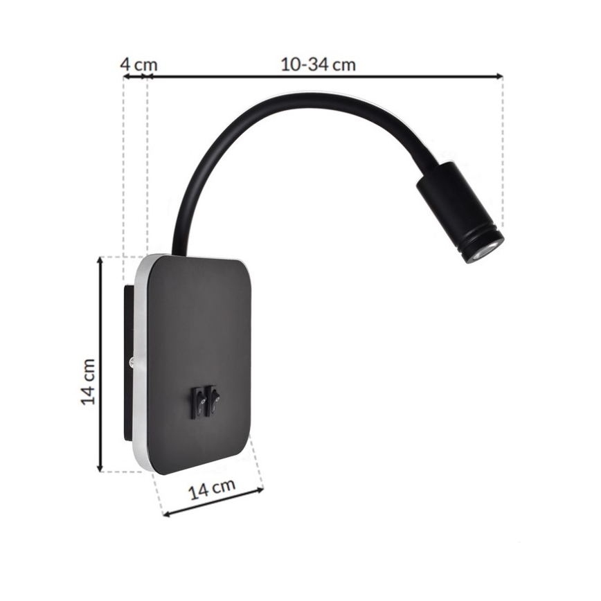 LED Paindlik väike seinalamp BASE 1xLED/8W+1xLED/2W/230V must/hõbedane