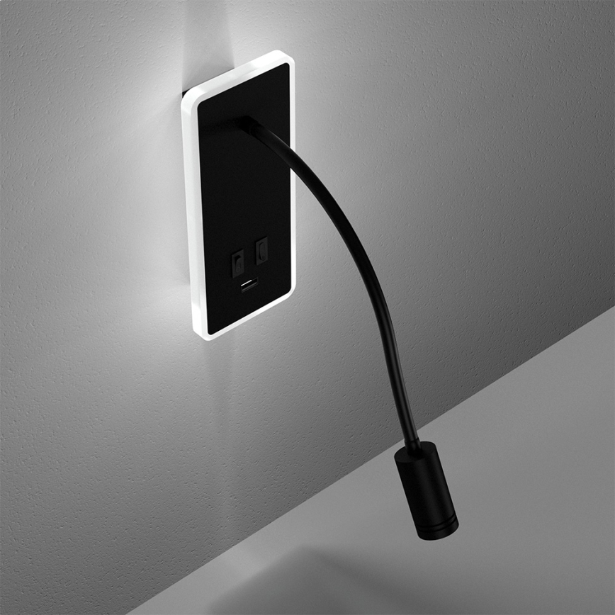 LED Paindlik väike seinalamp koos USB BASE 1xLED/8W+1xLED/2W/230V must