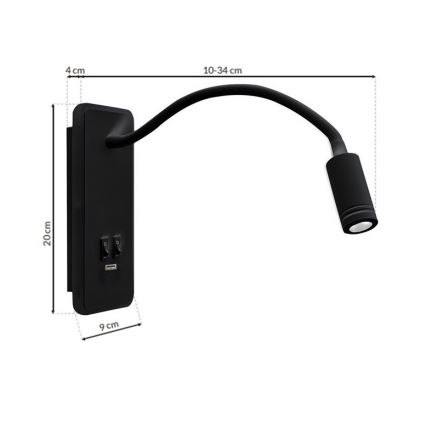 LED Paindlik väike seinalamp koos USB BASE 1xLED/8W+1xLED/2W/230V must
