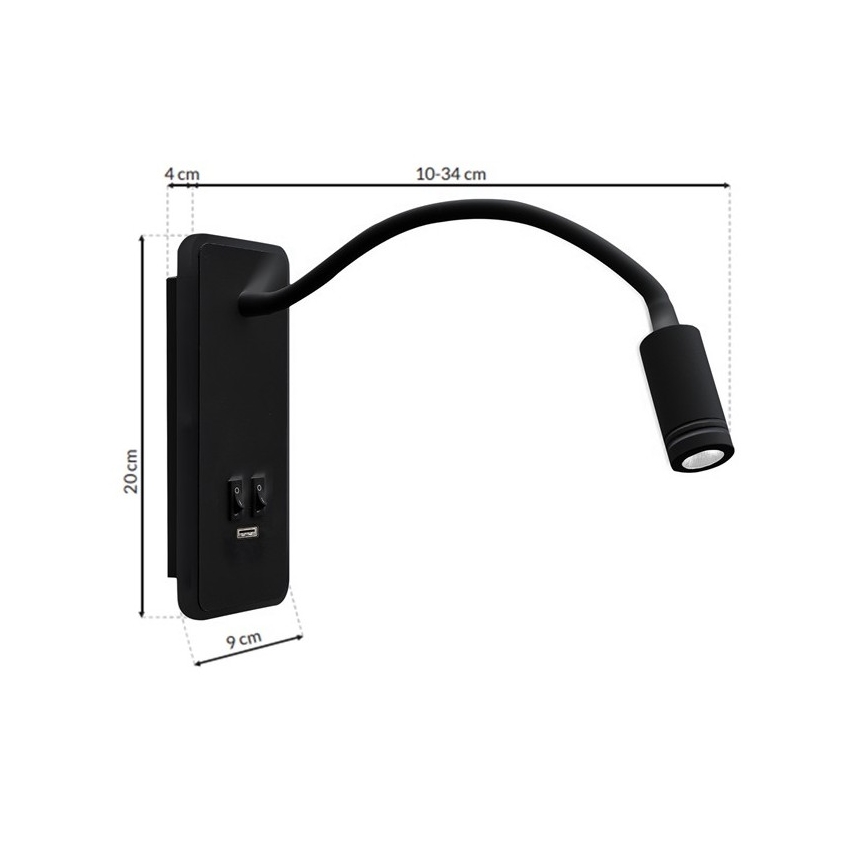 LED Paindlik väike seinalamp koos USB BASE 1xLED/8W+1xLED/2W/230V must
