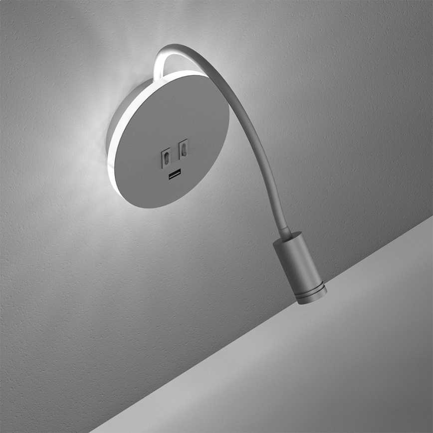 LED Paindlik väike seinalamp koos USB BASE 1xLED/8W+1xLED/2W/230V valge/hõbedane