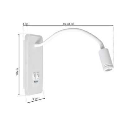 LED Paindlik väike seinalamp koos USB BASE 1xLED/8W+1xLED/2W/230V valge