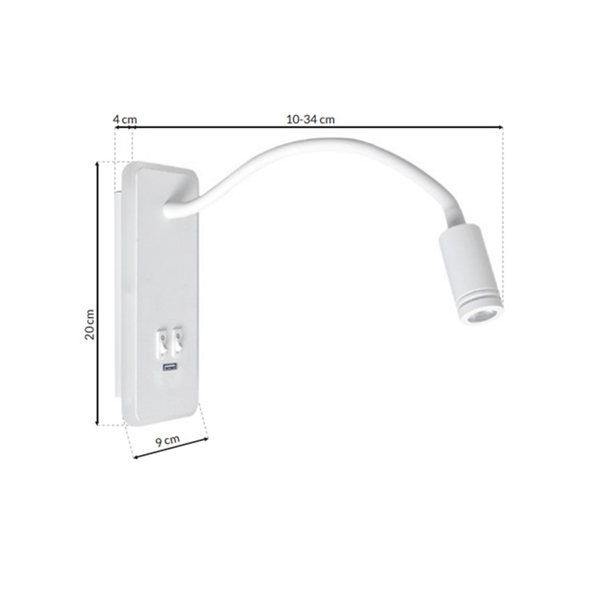 LED Paindlik väike seinalamp koos USB BASE 1xLED/8W+1xLED/2W/230V valge