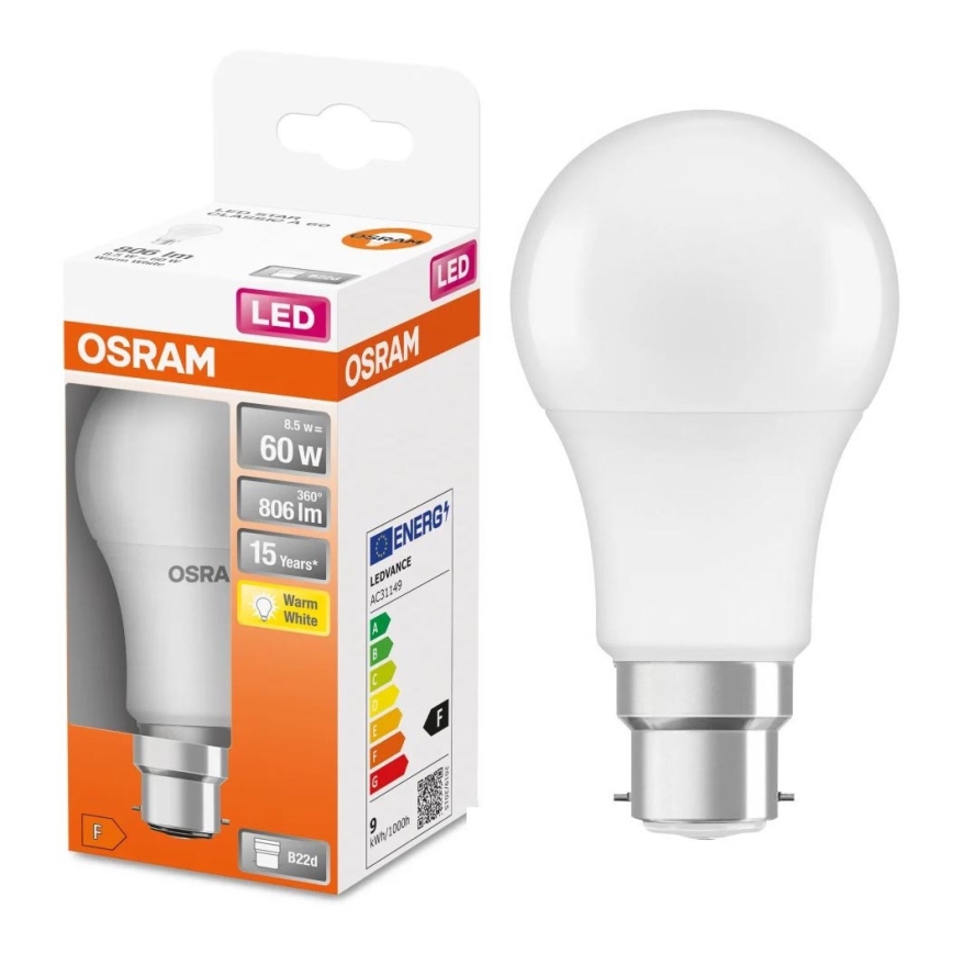 LED Pirn A60 B22d/8,5W/230V 2700K - Osram