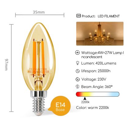 LED Pirn C35 E14/4W/230V 2200K - Aigostar