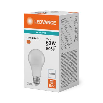 LED-pirn CLASSIC A60 E27/8W/230V 4000K - Ledvance