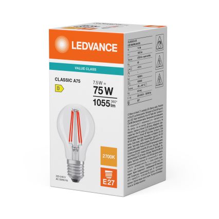LED-pirn CLASSIC FILAMENT A60 E27/7,5W/230V 2700K - Ledvance