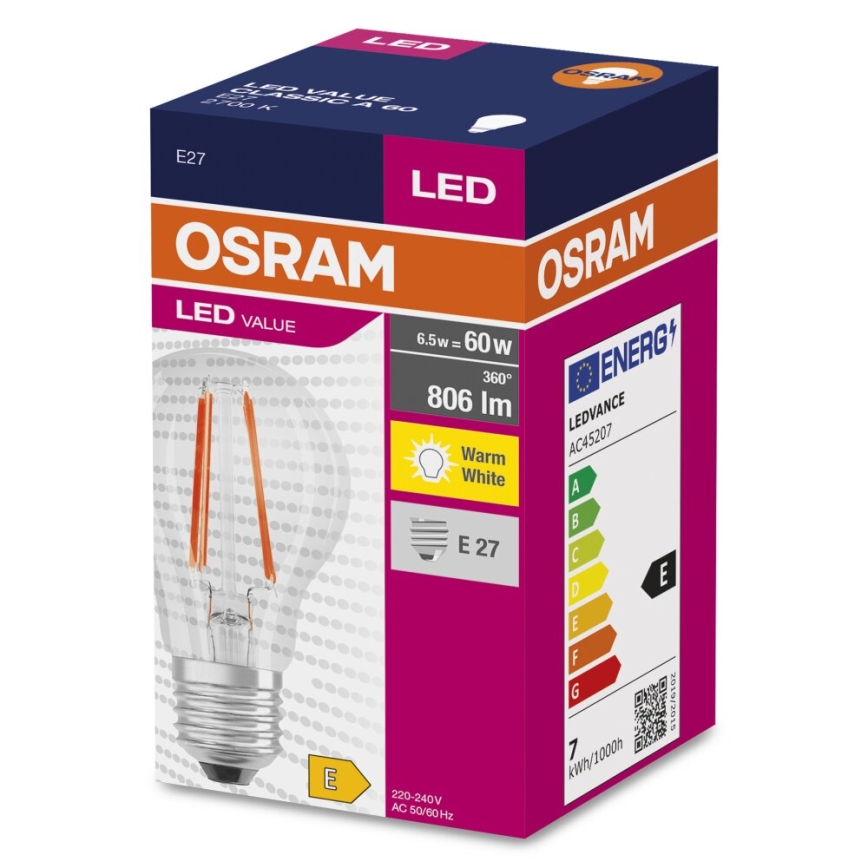 LED Pirn FILAMENT A60 E27/6,5W/230V 2700K - Osram