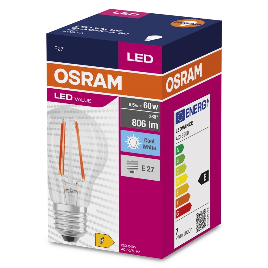 LED Pirn FILAMENT A60 E27/6,5W/230V 4000K - Osram