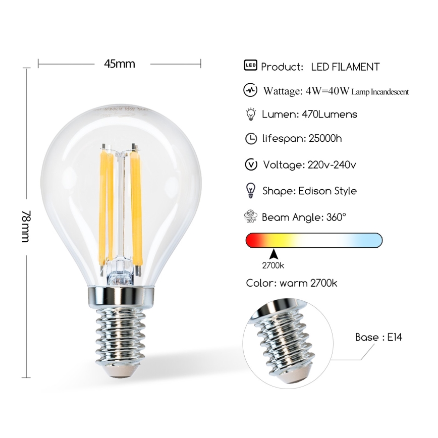 LED Pirn G45 E14/4W/230V 2700K - Aigostar