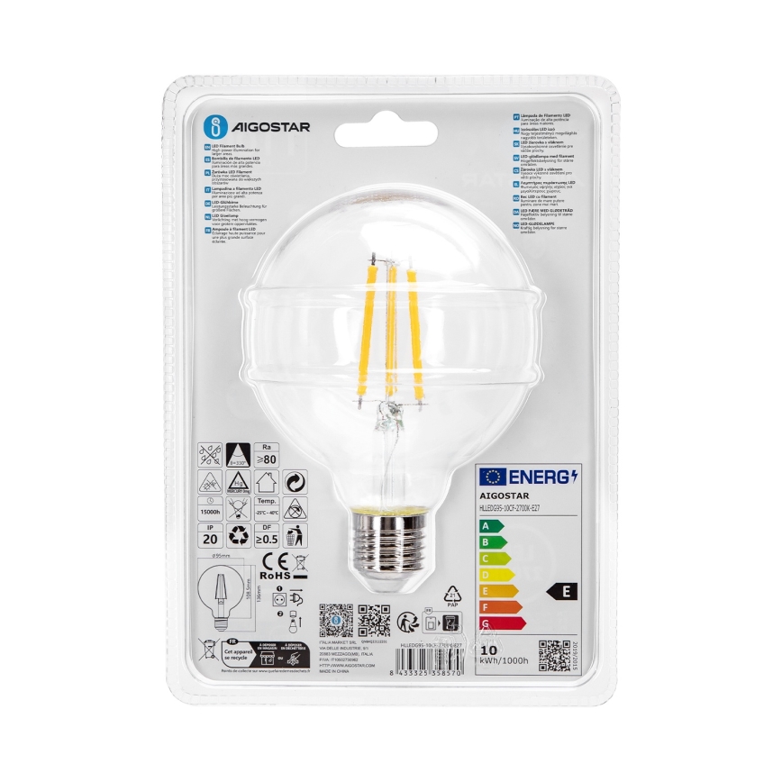 LED Pirn G95 E27/10W/230V 2700K - Aigostar