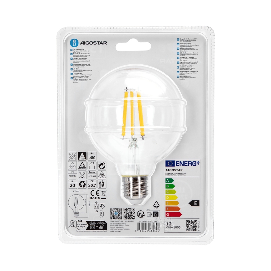 LED Pirn G95 E27/12W/230V 2700K - Aigostar