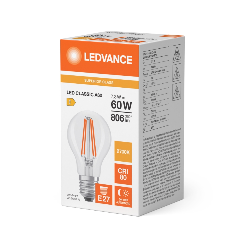 LED-pirn hämarussensoriga CLASSIC FILAMENT A60 E27/7,3W/230V 2700K - Osram