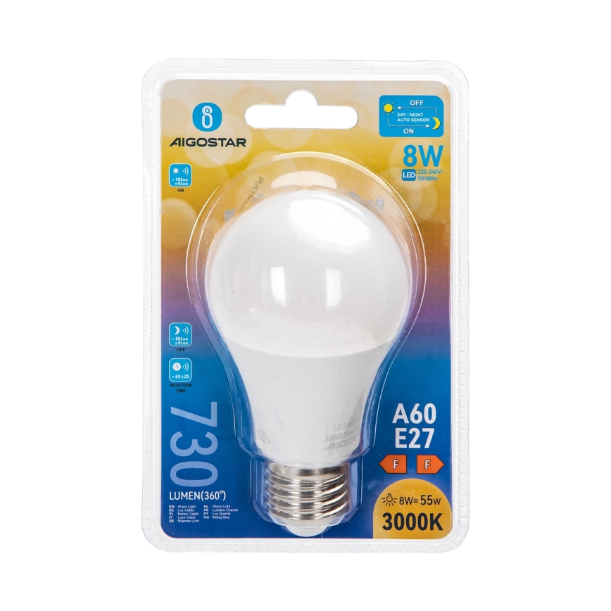 LED-pirn hämarussensoriga A60 E27/8W/230V 3000K - Aigostar