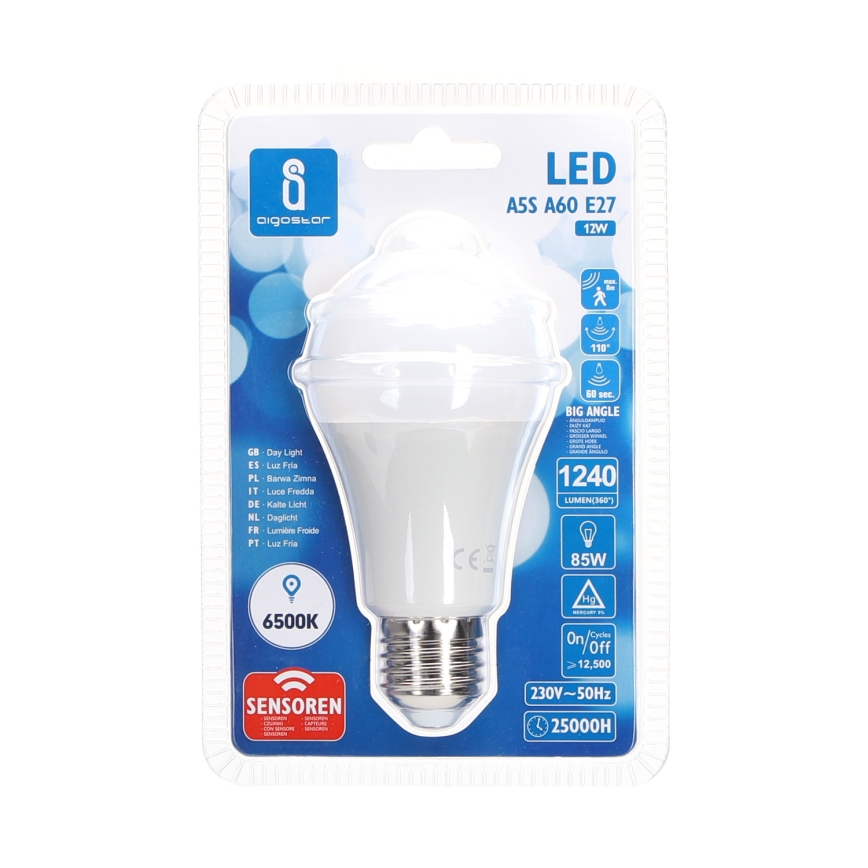 LED Pirn koos liikumis- ja hämardusanduriga A60 E27/12W/230V 6500K - Aigostar