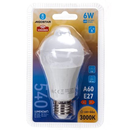 LED-pirn liikumis- ja hämarusanduriga A60 E27/6W/230V 3000K - Aigostar