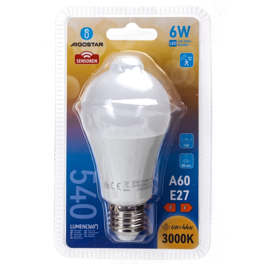 LED-pirn liikumis- ja hämarusanduriga A60 E27/6W/230V 3000K - Aigostar