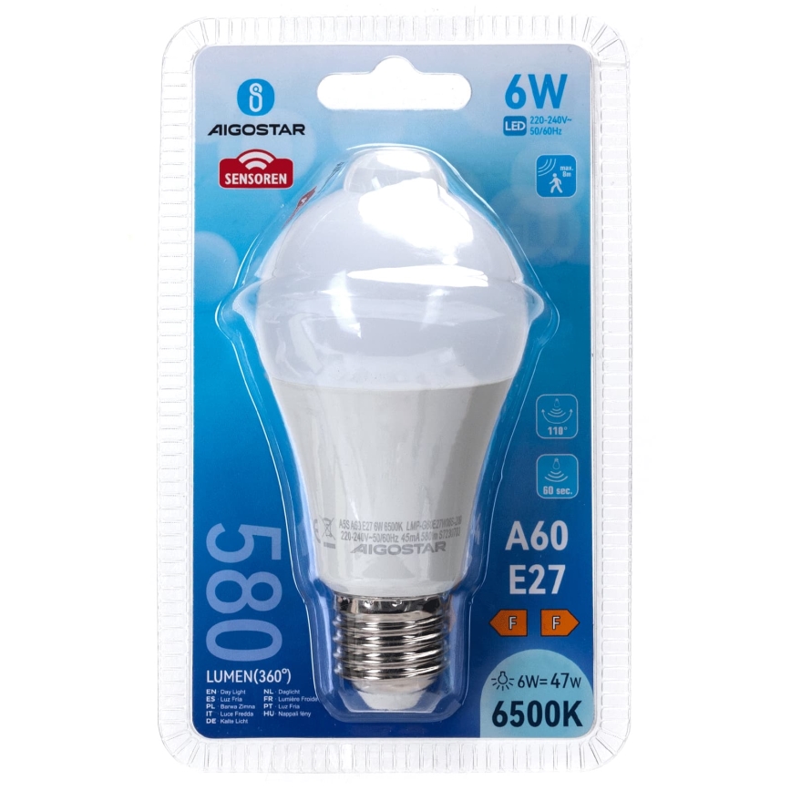 LED-pirn liikumis- ja hämarusanduriga A60 E27/6W/230V 6500K - Aigostar