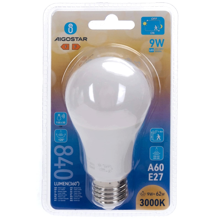LED-pirn liikumis- ja hämarusanduriga A60 E27/9W/230V 3000K - Aigostar