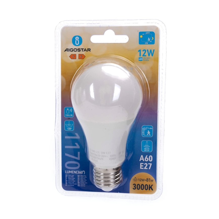 LED-pirn liikumis- ja hämarussensoriga A60 E27/12W/230V 3000K - Aigostar