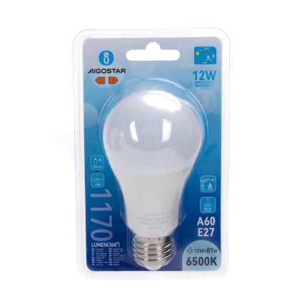 LED-pirn liikumis- ja hämarussensoriga A60 E27/12W/230V 6500K - Aigostar