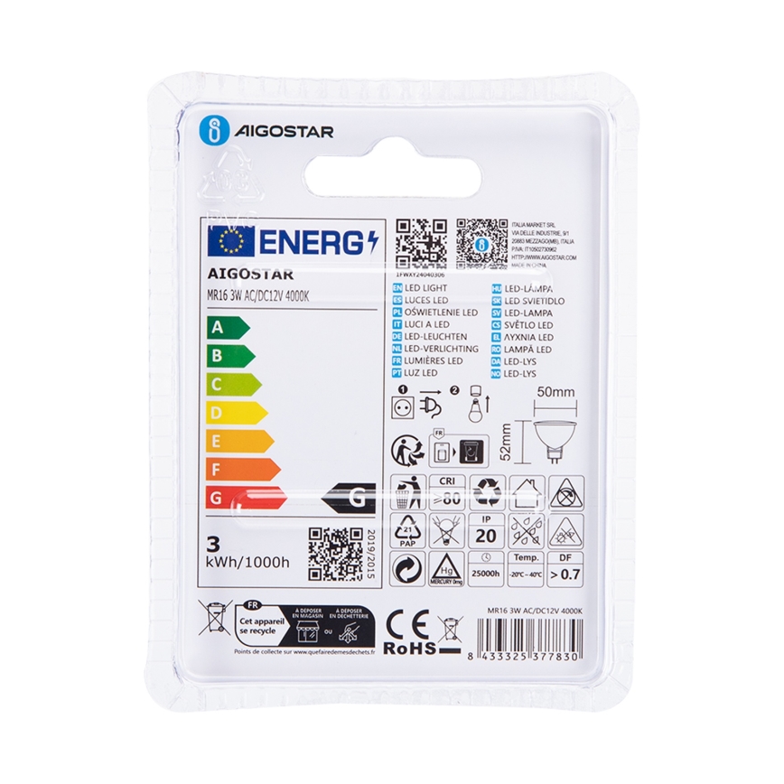 LED Pirn MR16 GU5,3/3W/12V 4000K - Aigostar