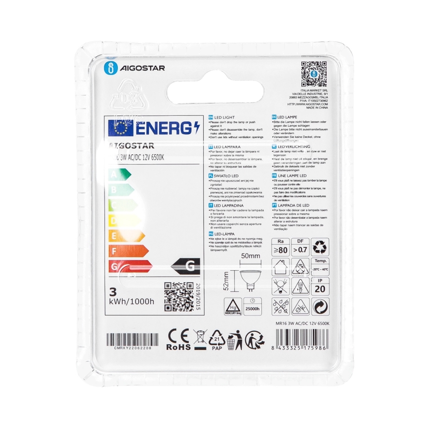 LED Pirn MR16 GU5,3/3W/12V 6500K - Aigostar