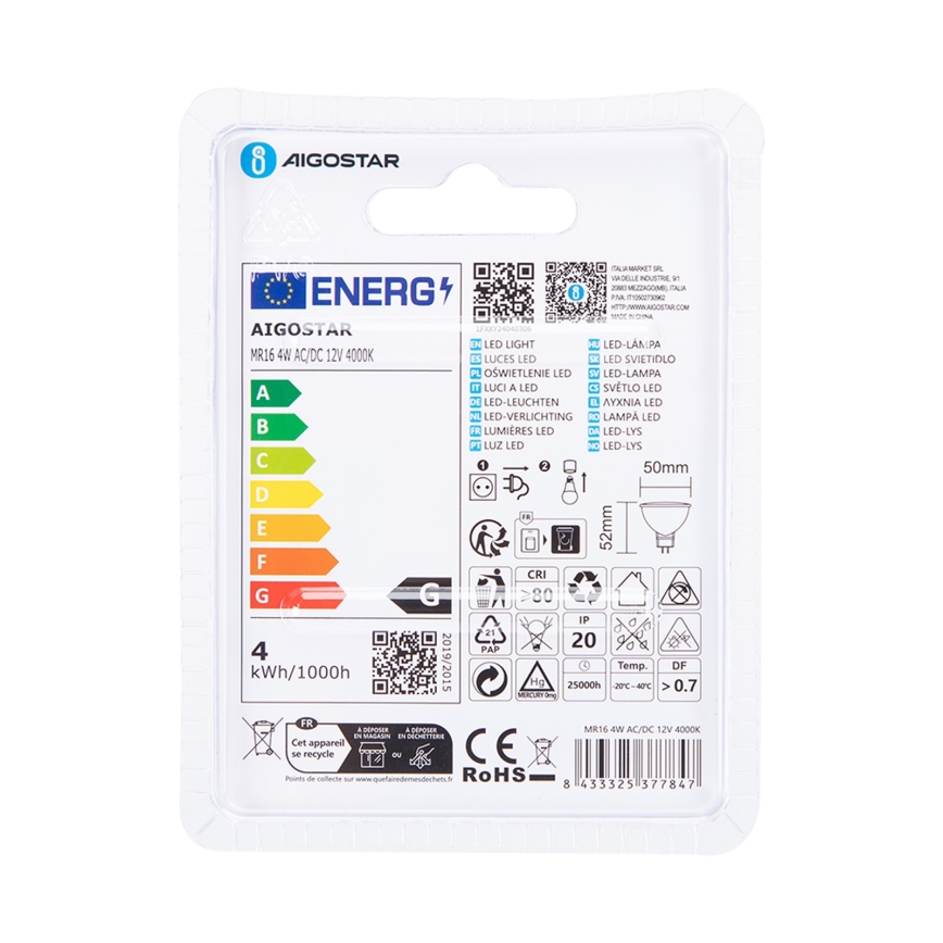 LED Pirn MR16 GU5,3/4W/12V 4000K - Aigostar