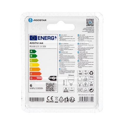 LED Pirn MR16 GU5,3/6W/12V 3000K - Aigostar