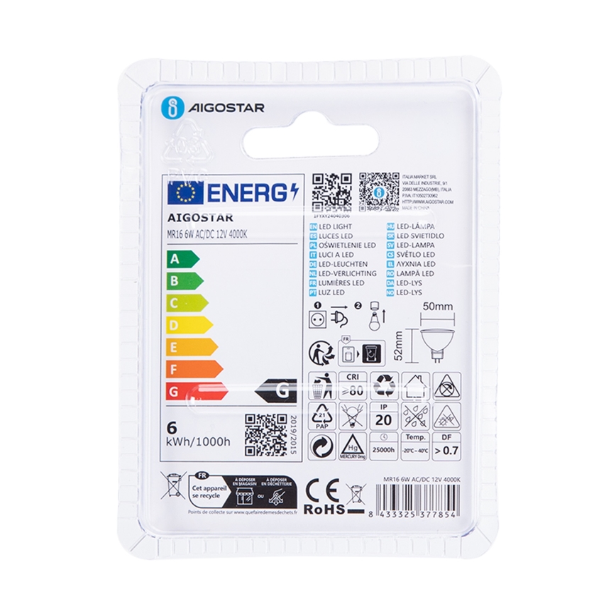 LED Pirn MR16 GU5,3/6W/12V 4000K - Aigostar