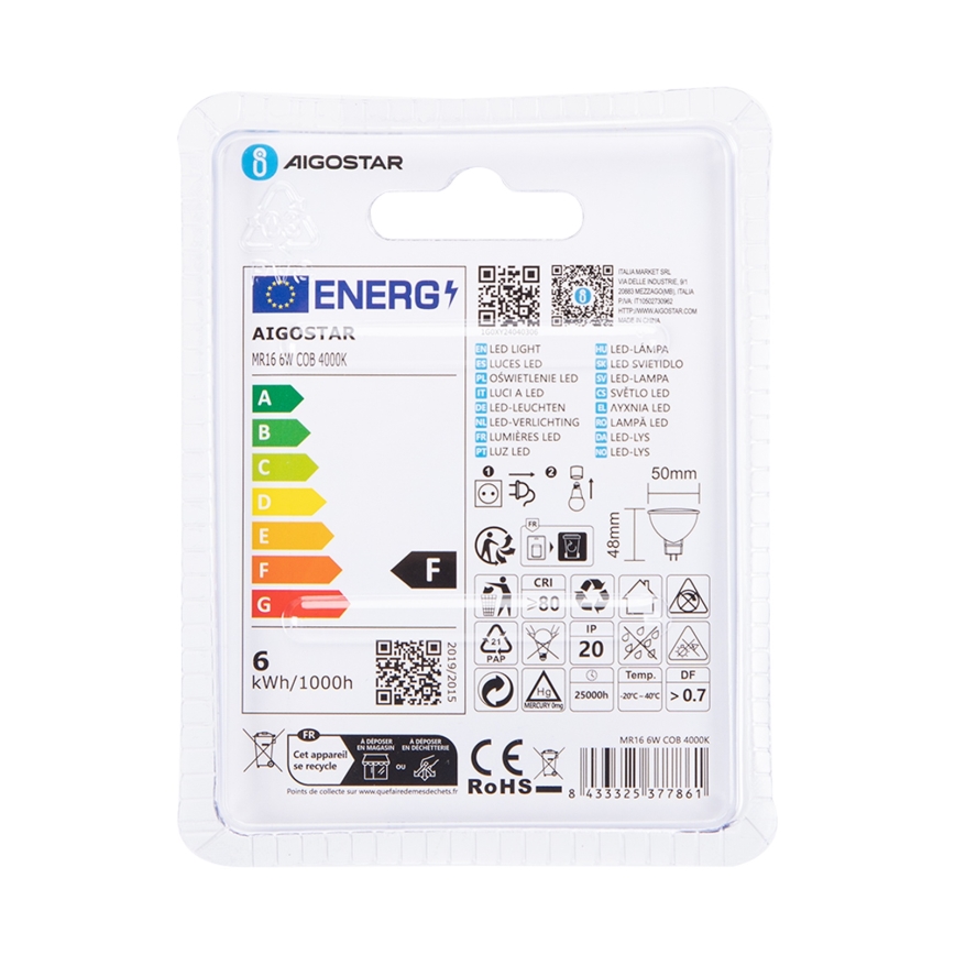 LED Pirn MR16 GU5,3/6W/12V 4000K - Aigostar