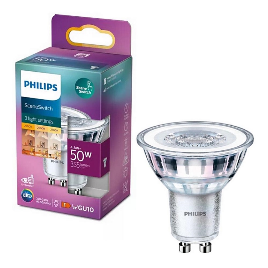 LED-pirn Philips SCENE SWITCH PAR16 GU10/4,8W/230V 2200/2500/2700K kolmeastmeline lülitus