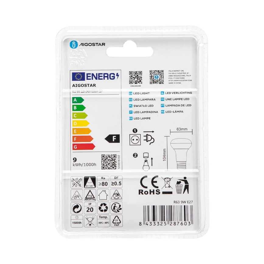 LED Pirn R63 E27/9W/230V 6500K - Aigostar