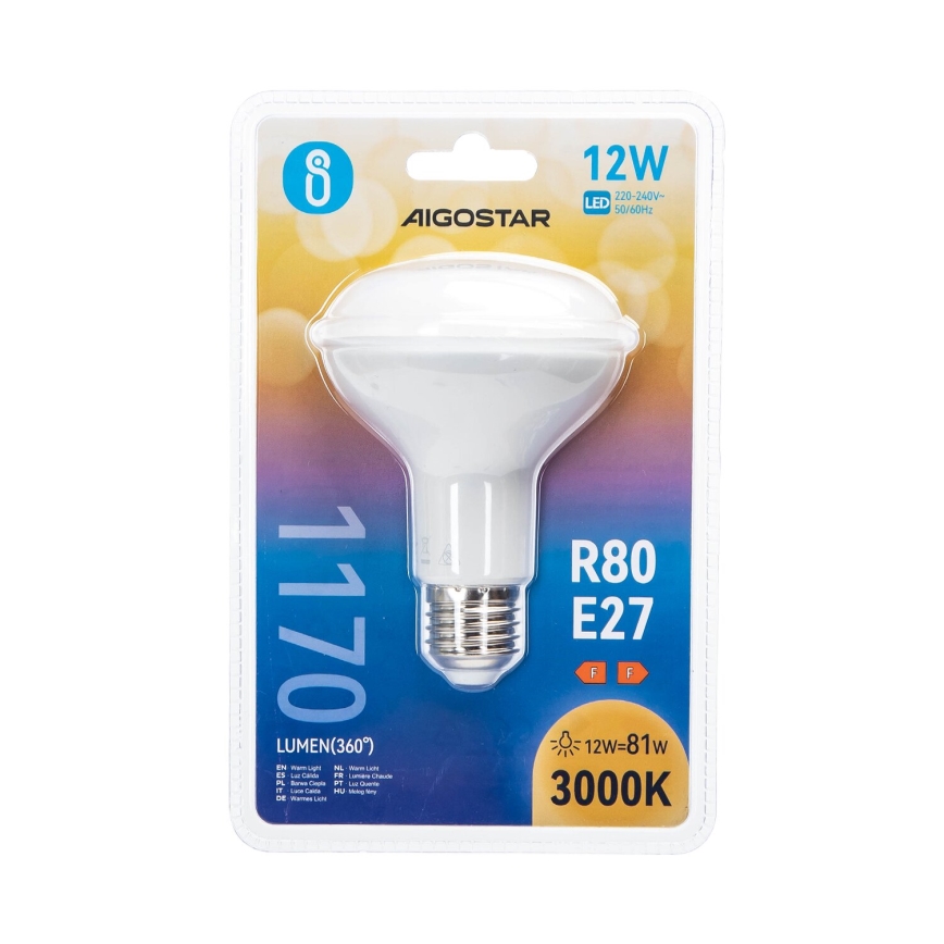 LED Pirn R80 E27/12W/230V 3000K - Aigostar