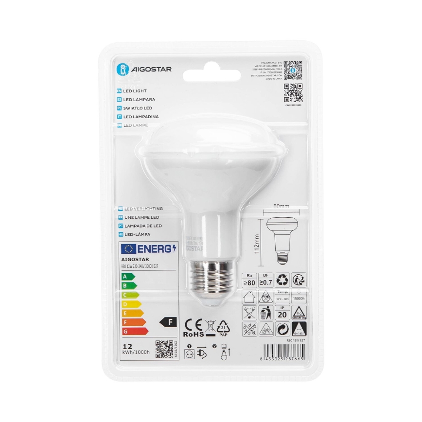 LED Pirn R80 E27/12W/230V 3000K - Aigostar