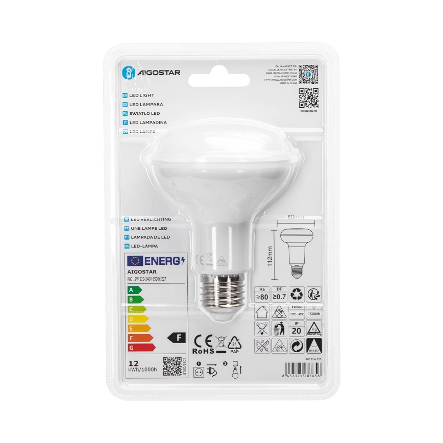 LED Pirn R80 E27/12W/230V 6500K - Aigostar