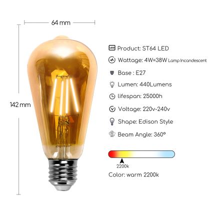 LED Pirn ST64 E27/4W/230V 2200K - Aigostar