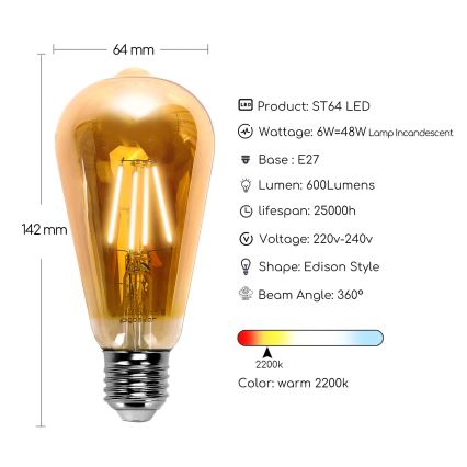 LED Pirn ST64 E27/6W/230V 2200K - Aigostar