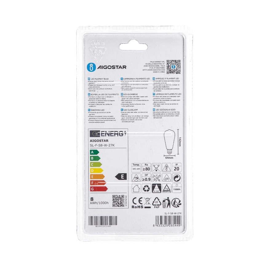 LED-pirn ST64 E27/8W/230V 2700K - Aigostar