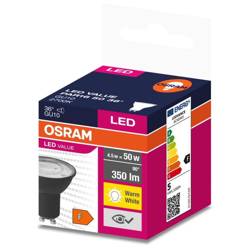 LED Pirn VALUE PAR16 GU10/4,5W/230V 2700K 36° must - Ledvance
