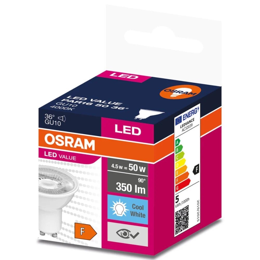 LED Pirn VALUE PAR16 GU10/4,5W/230V 4000K 36° valge - Osram