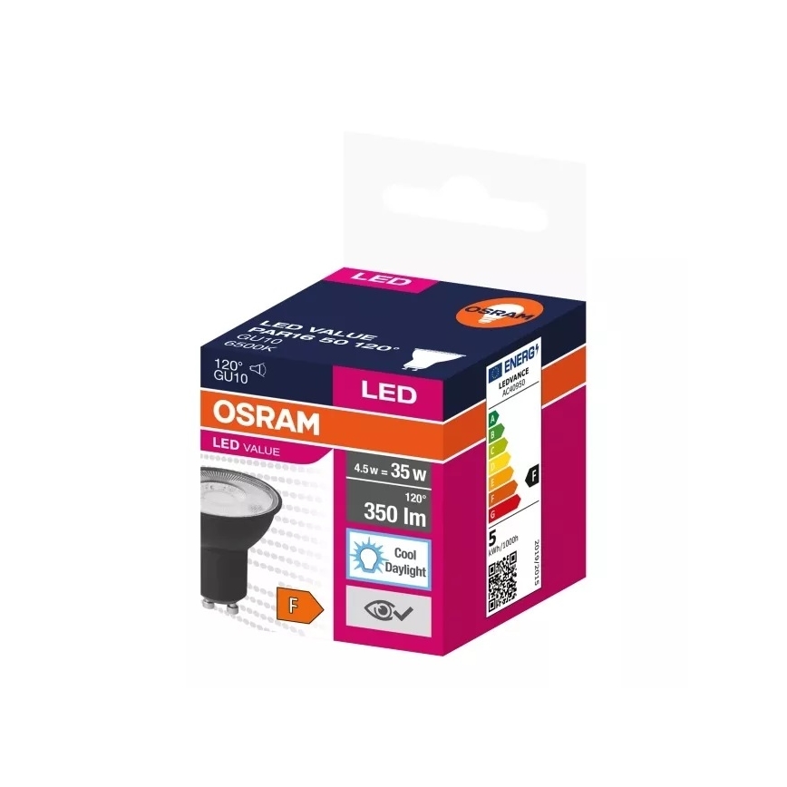 LED Pirn VALUE PAR16 GU10/4,5W/230V 6500K 120° must - Ledvance