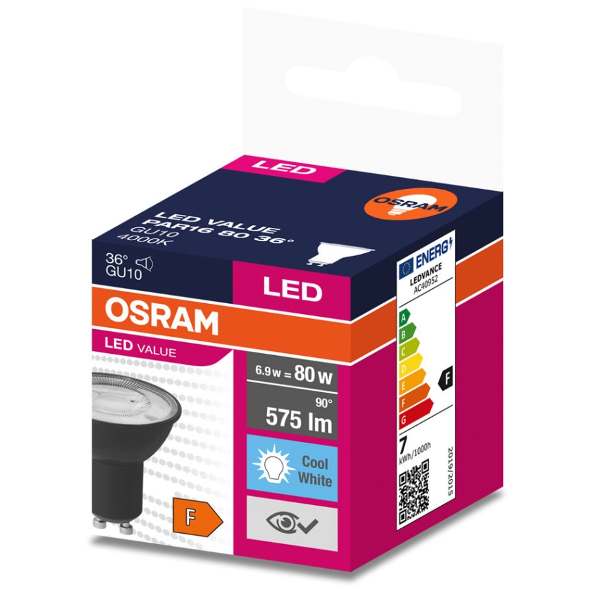 LED Pirn VALUE PAR16 GU10/6,9W/230V 6500K 36° must - Ledvance