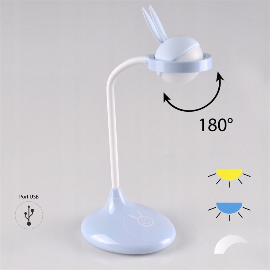 LED Puutetundlik laualamp lastele RABBIT LED/0,4W/5V 3000/6500K sinine + USB