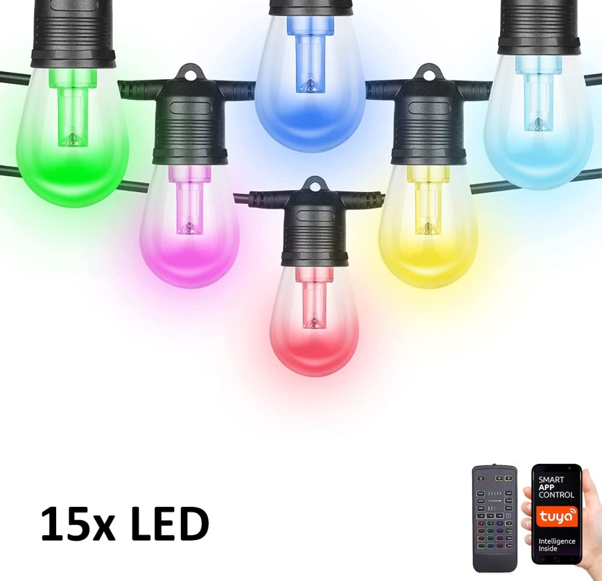 LED RGB+CCT Hämardatav väli valguskett GARLAND 15xLED/1W/230V 15m Wi-Fi Tuya IP65 + kaugjuhtimispult