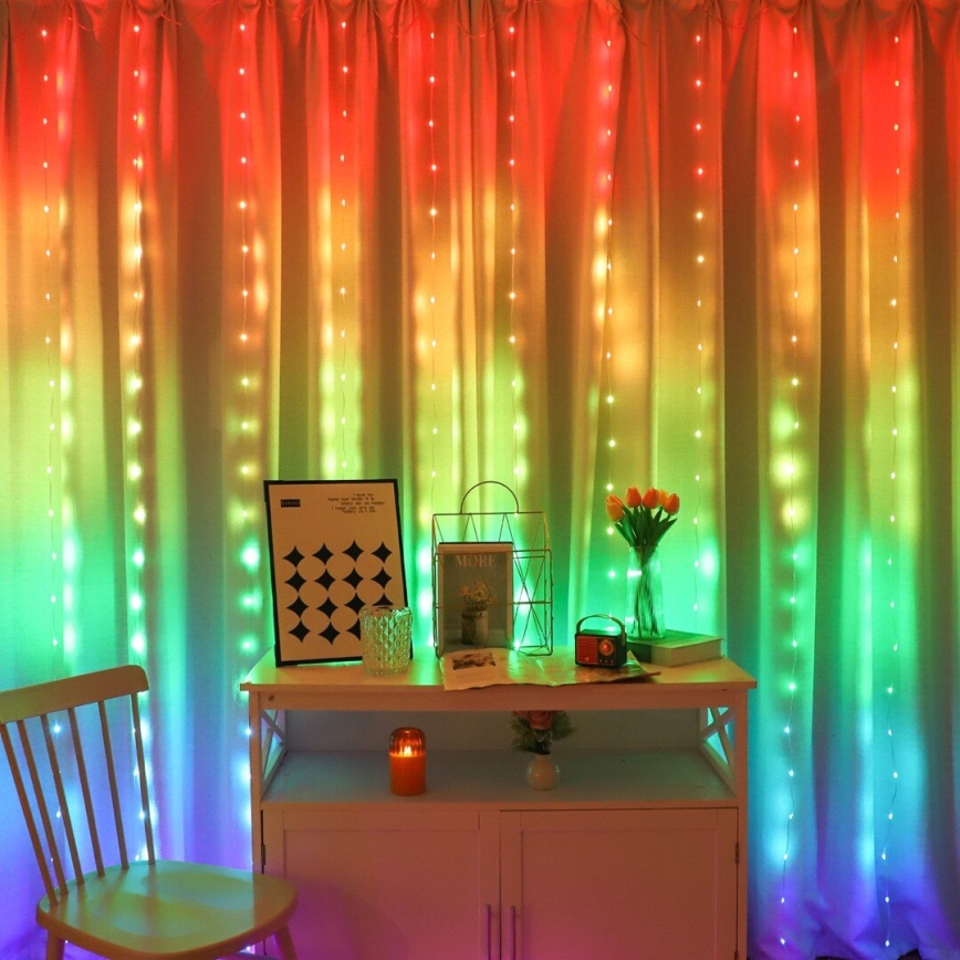 LED RGB hämardatav jõulukaunistuste valguskardin WIZARD 300xLED/USB 3x3m + kaugjuhtimispult