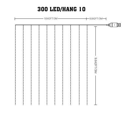 LED RGB hämardatav jõulukaunistuste valguskardin WIZARD 300xLED/USB 3x3m + kaugjuhtimispult