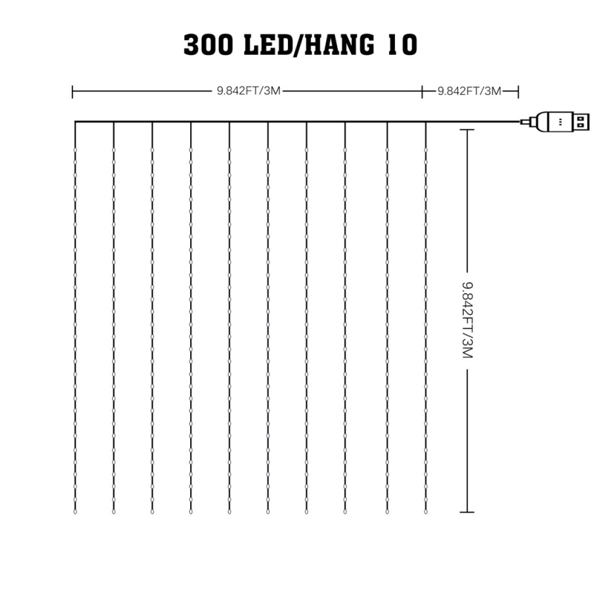 LED RGB hämardatav jõulukaunistuste valguskardin WIZARD 300xLED/USB 3x3m + kaugjuhtimispult