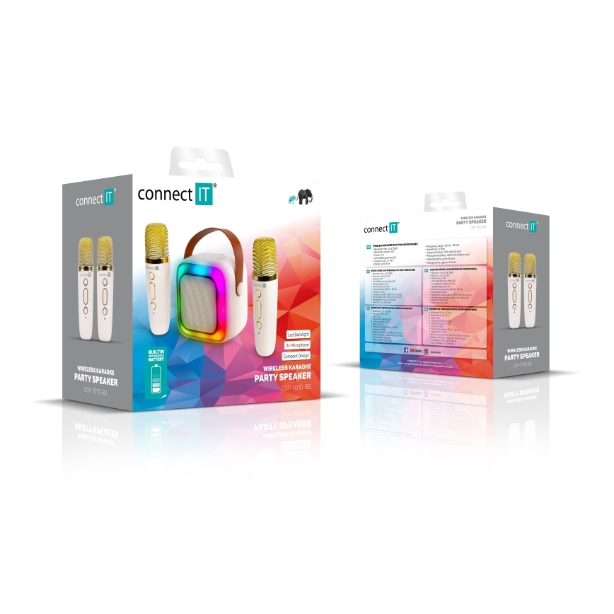 CONNECT IT CSP-1010-BG - LED RGB-kõlar koos 2 traadita mikrofoniga (2Mic), 5W/1200 mAh + 2x 400 mAh, kreemjas/kuldne