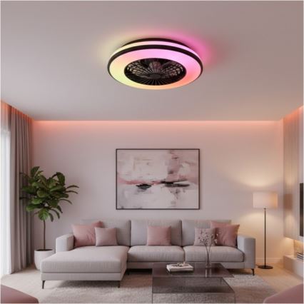 LED RGBW hämardatav laevalgusti ventilaatoriga VENTELUX LED/48W/230V 3000/4000/6500K läbimõõt 48,5 cm must + kaugjuhtimispult